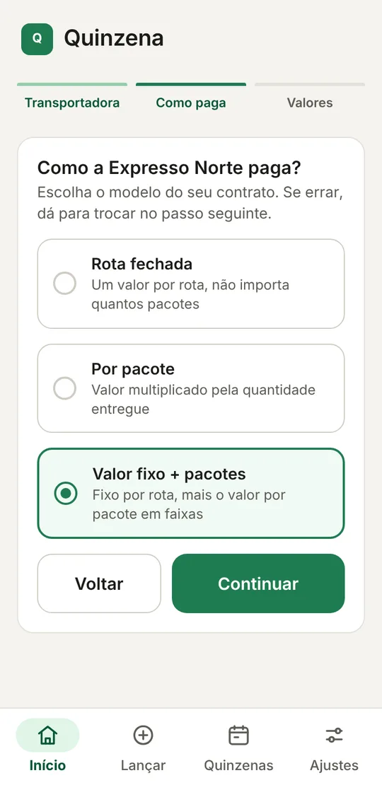 Tela com os três modelos de pagamento