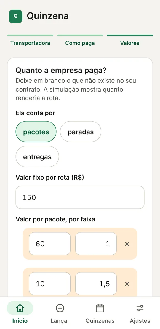 Tela com o valor fixo e as faixas por pacote