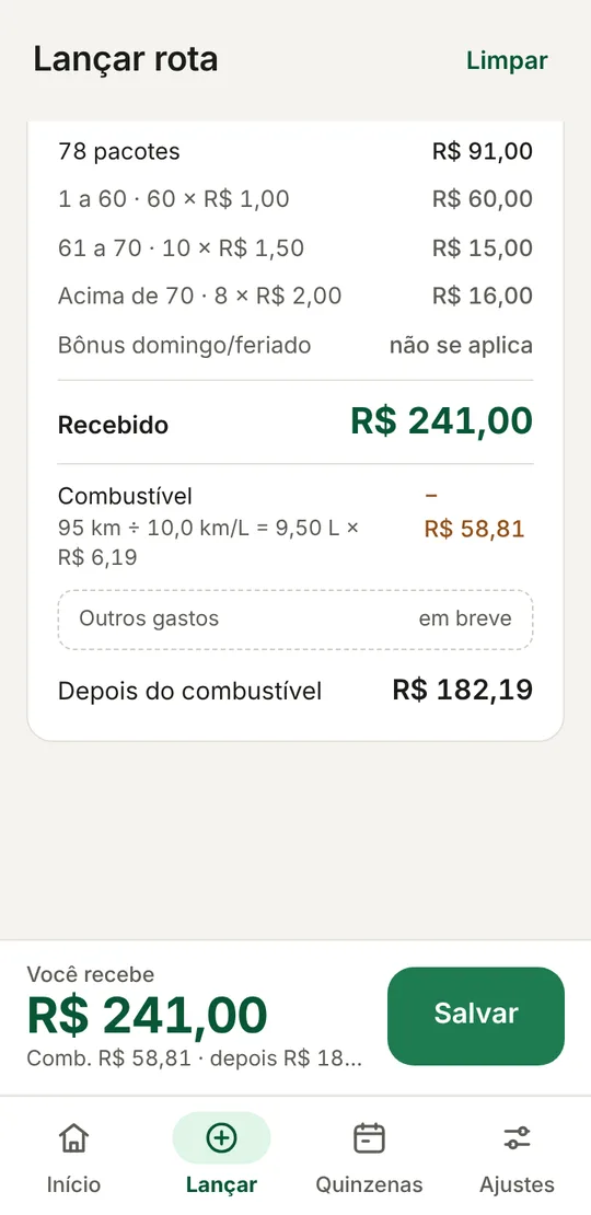 Conta da rota com valor recebido e combustível