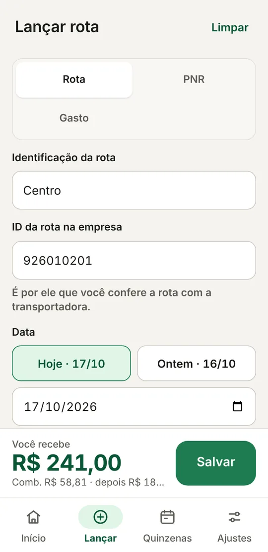 Formulário de lançar rota
