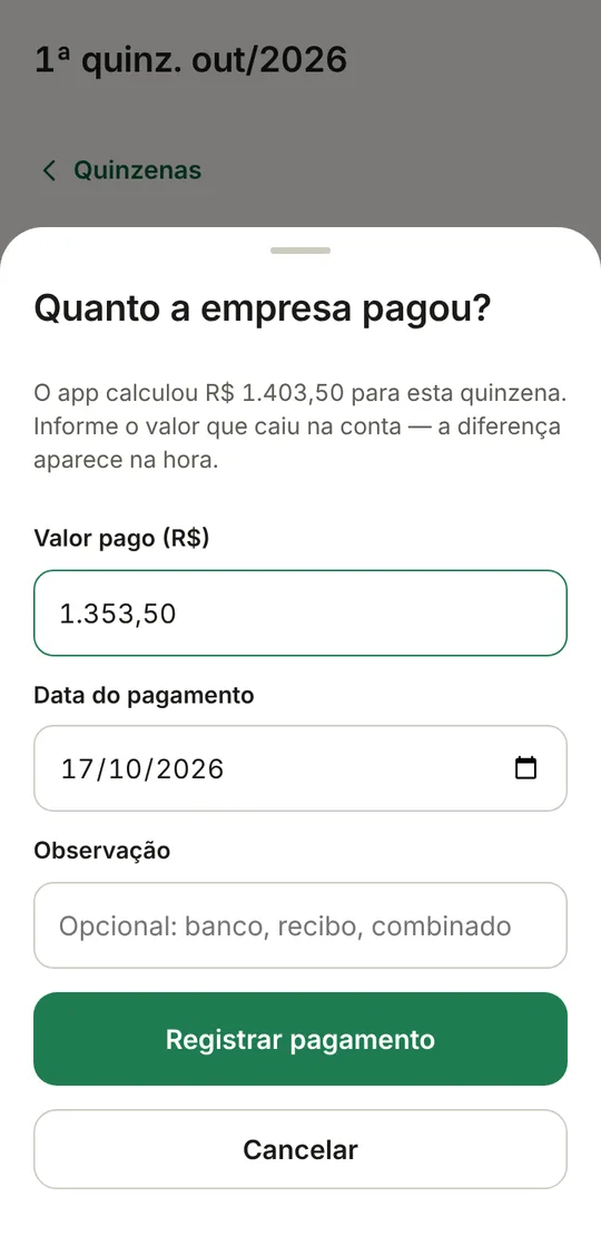 Folha para informar o valor pago