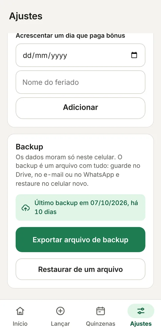 Cartão de backup nos Ajustes